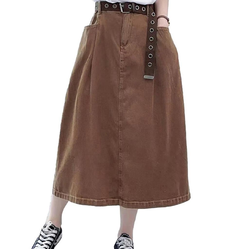 AICA Flared Denim Washed Color Loose Elastic One Size Mocha Brown Women's Midi-Length A-Line Skirt, Denim, High-Waisted, Fit, Waist, (M-L),