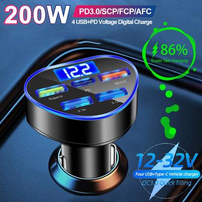 Chargeur de voiture 200 W PD en forme de cœur QC3.0, charge rapide, 1 à 5 prises allume-cigare, charge rapide à 5 ports avec affichage numérique