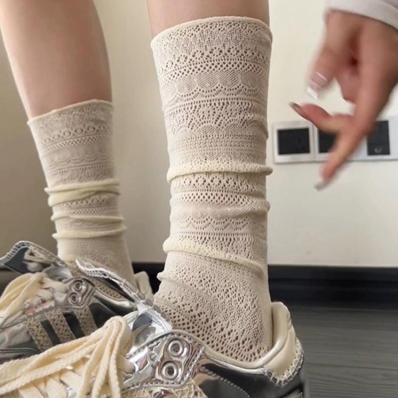 1 Pairs Women Lace Trimmed Knee High Socks Summer Hollow Out Design Lightweight Breathable Soft Comfortable Casual Socks