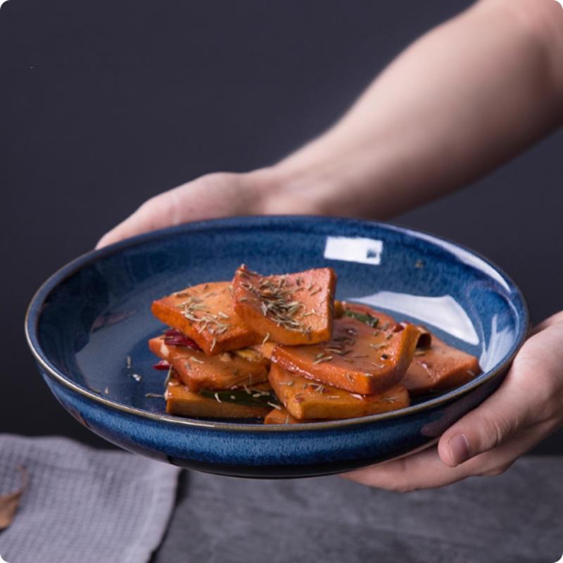 Retro Kiln Turned Blue Ceramic Plates, Round Soup Plates, Household Utensils, Snacks, Cake Racks, Fruit Plates, Kitchenware
