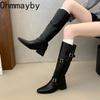 Winter Hottie Pleated Women Western High top Fashion Belt Buckle Slip on Concise Thick Heel Knight Long Booties
