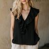 Women Sleeveless Linen Top V Neck Ruffle Trim Blouse Casual Lightweight Summer Shirt for Daily Wear