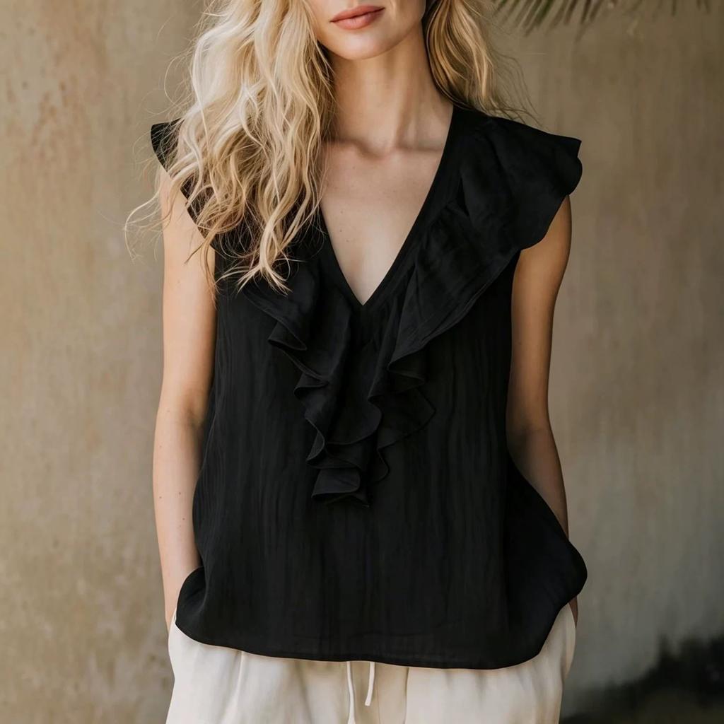 Women Sleeveless Linen Top V Neck Ruffle Trim Blouse Casual Lightweight Summer Shirt for Daily Wear