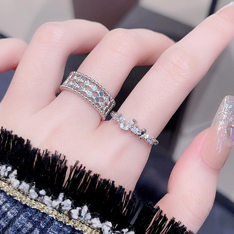 Stylish And Simple Round Bead Edge Hollow Diamond Ring Open Stacked Ring Honeycomb Cold Wind Personalized Jewelry
