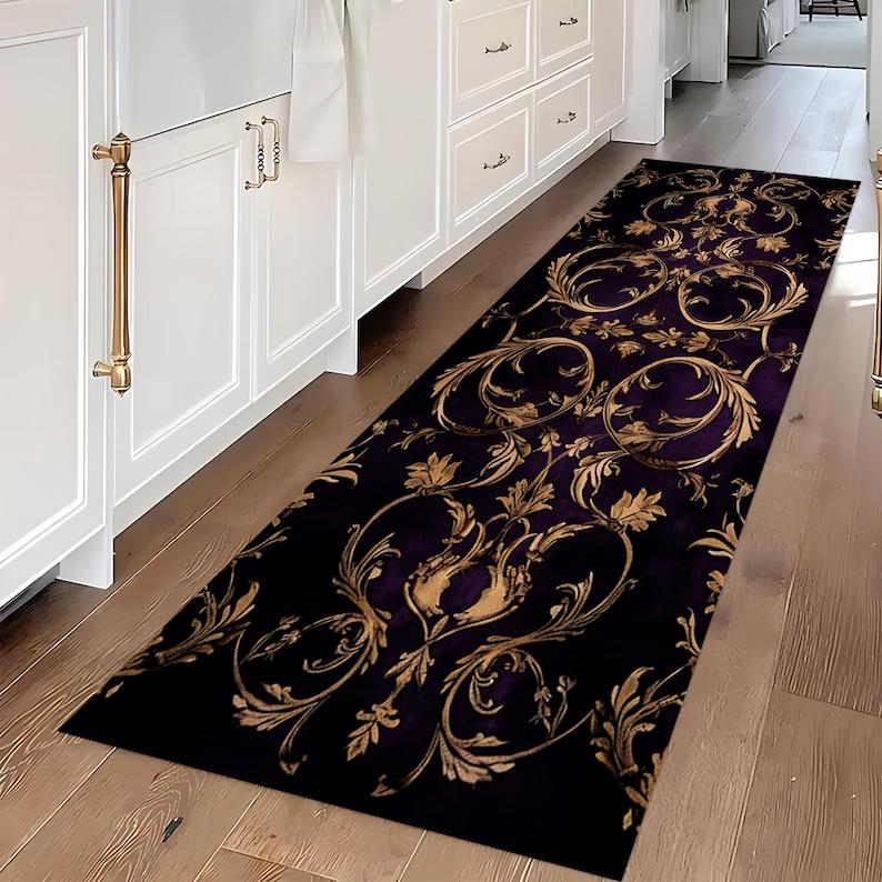 

Baroque Royal Rug Black Purple Gold Carpet Elegant Ornamental Pattern Luxury Hall Runner Home Decoration 40X120CM