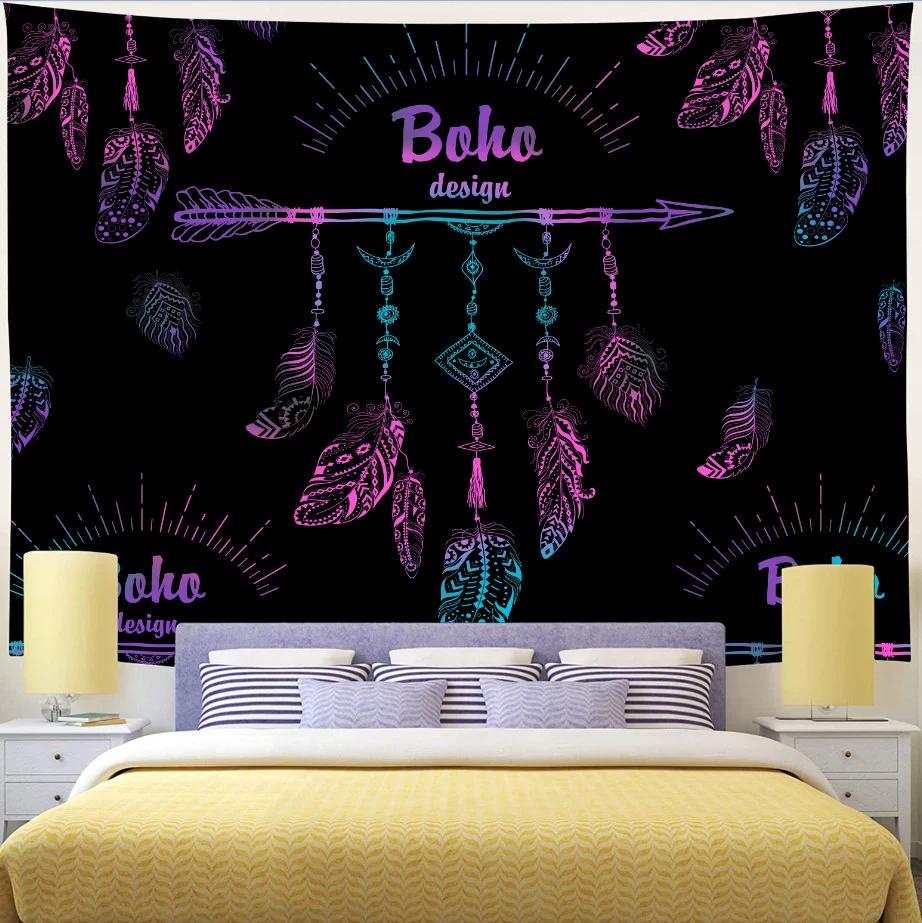 Psychedelic Dreamcatcher Feather Tapestry Hippie Bohemian Mandala Tapestry Wall Hanging Cloth For Living Room Dorm Office Decor