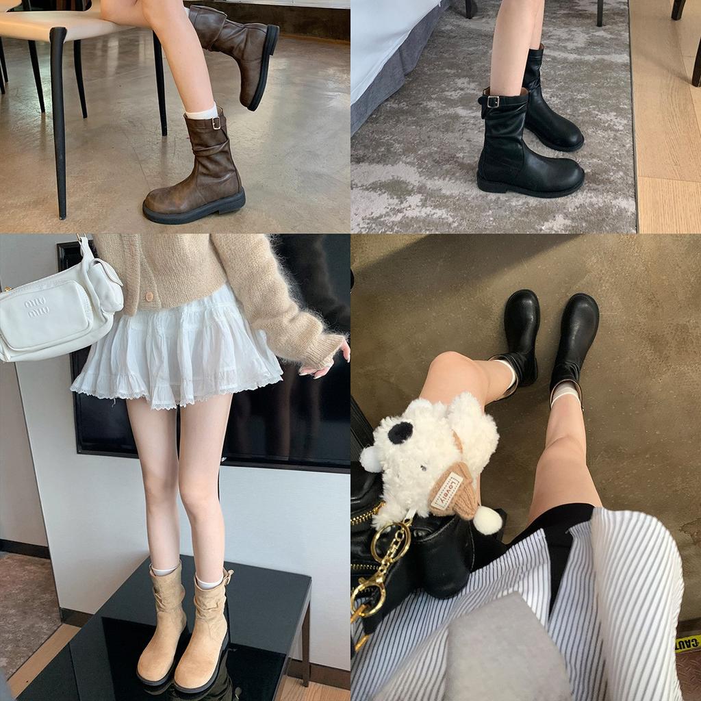 Cowhide~ Grape Mom retro round head belt buckle pleated pile medium boots thick heel thick sole knight boots short boots women