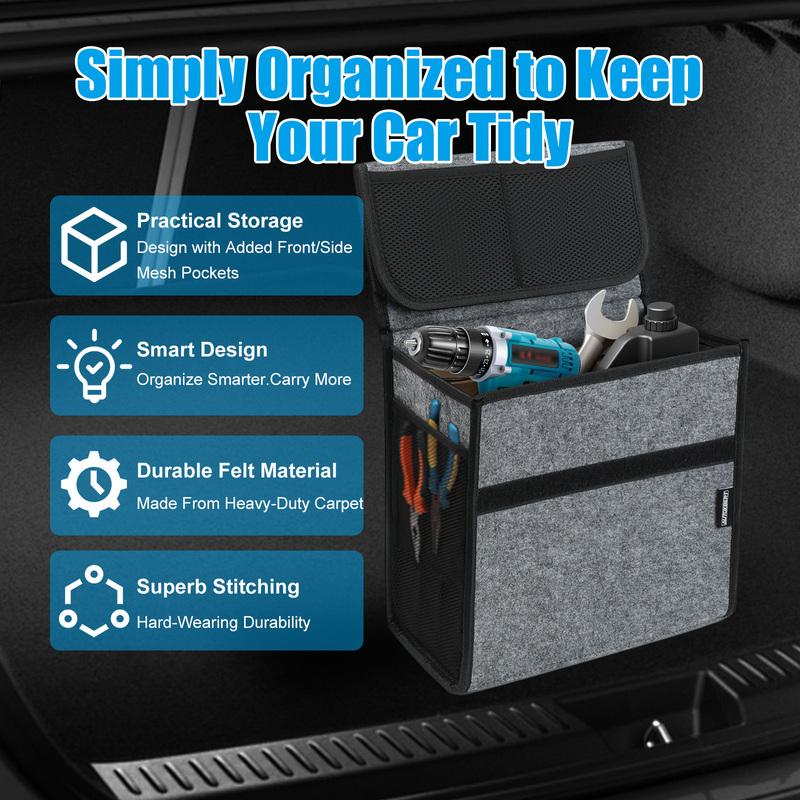 Car Boot Organiser Bag with Secure Fastening Flip Cover Anti Slip Felt Trunk Tidy Bag for Storage Auto Tools &Interior Declutter