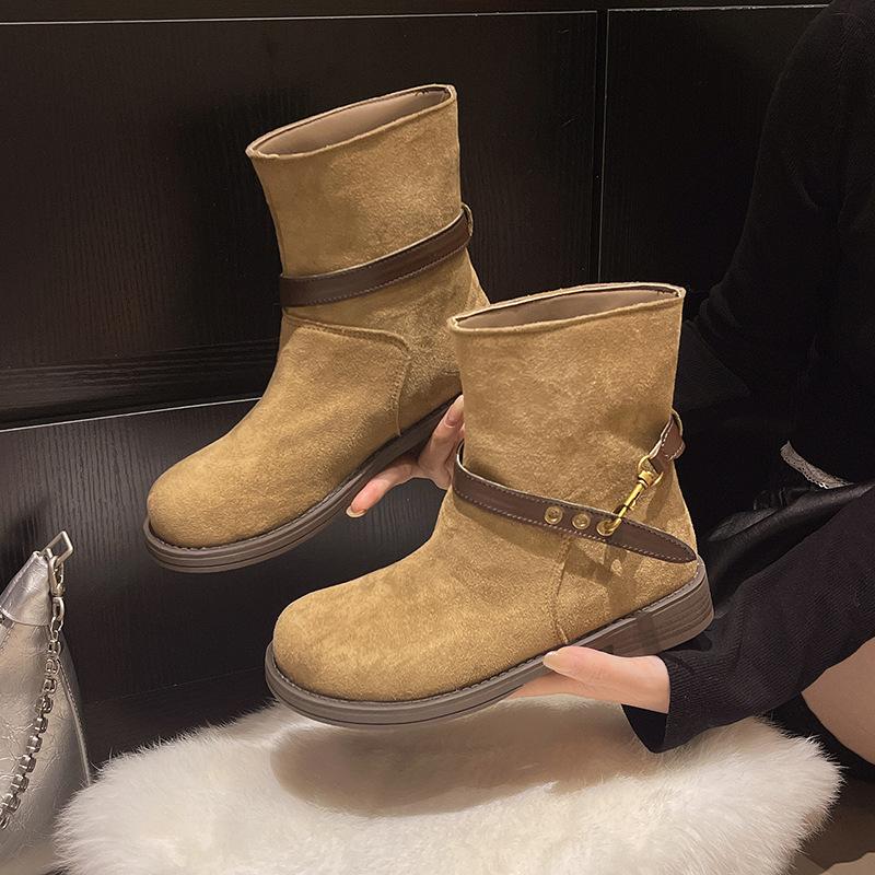 Coarse Heel Belt Buckle Martin Boots Women's 2025 Autumn Platform Cowboy Boots Vintage Coarse Heel Locomotive Short Boots Pile Boots