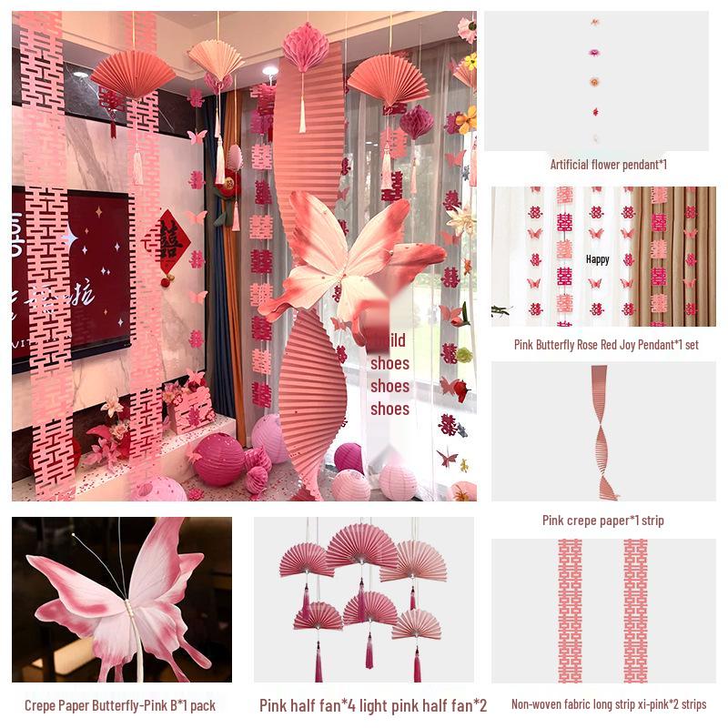 Our Home Wedding Lantern Set: Atmosphere-Enhancing Pull Flower Decorations with Double Happiness Hanging Ornaments