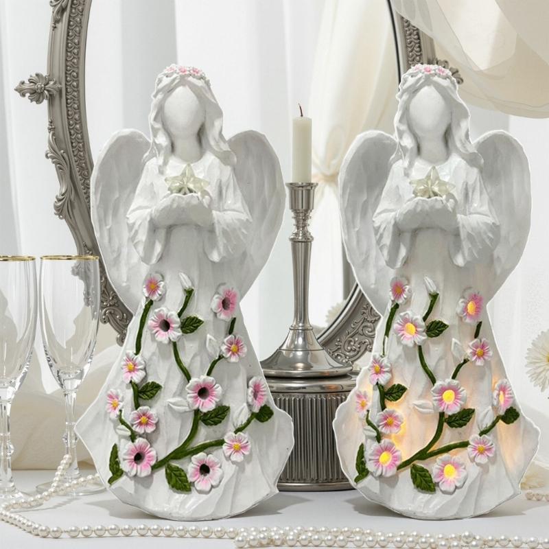 Resin Guard Angel Statue with Night Lights Battery Operated LED Desk Lamp Angel Statue Decors Ornament Collectibles