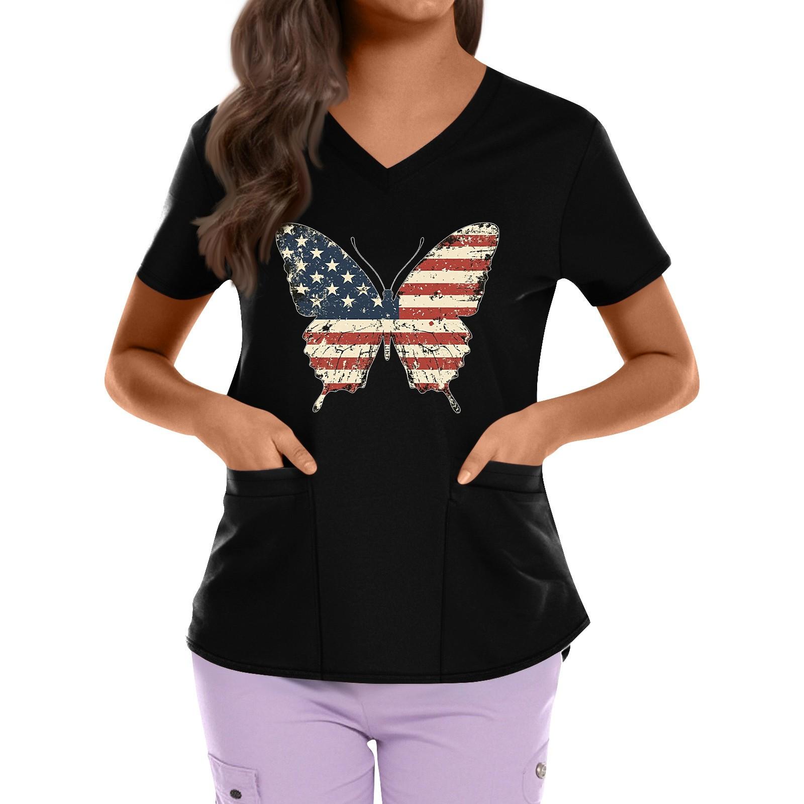 

Plus Size Printed Scrub Working Uniform Tops For Women s Cross V Neck Independence Day Print Short Sleeve Fun T-Shirts Workwear Tee With Pockets XXL чорний
