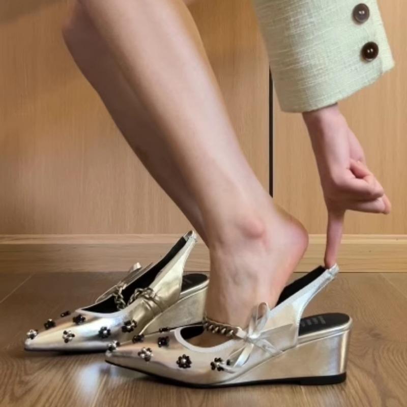 

Fashion New Pumps Mary Jane Shoes Women s Bow Chain Straight Strap Beads Back Empty Wrap Sandals Wedge Heel Pointed Toe Shoes 40