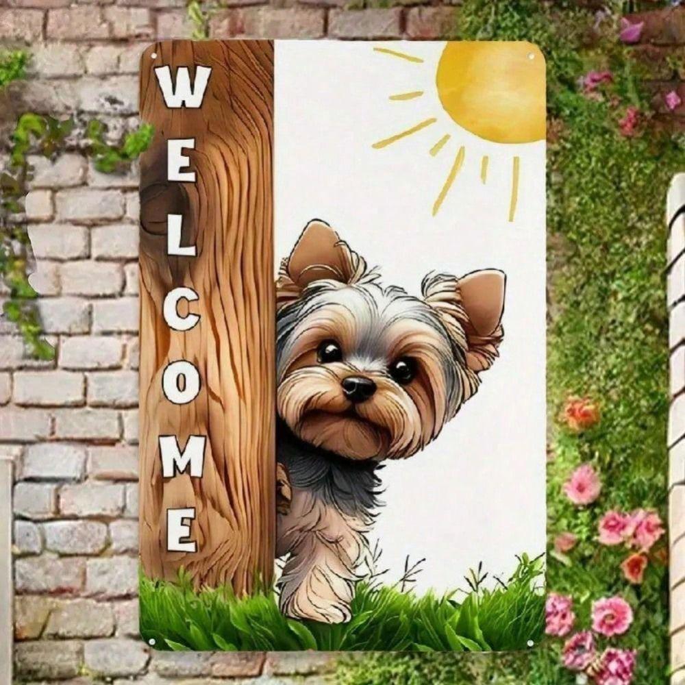 Tin Sign Wall Art, Yorkshire Terrier Dog Wooden Fence Decor for Home Gate