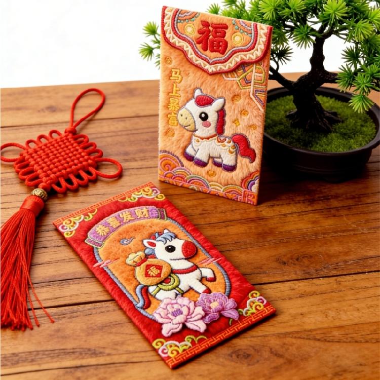 6Pcs Embroidered Horse Red Envelope Paper Red Packets Year of Horse Lucky Money Holder for Chinese New Year Gift Giving
