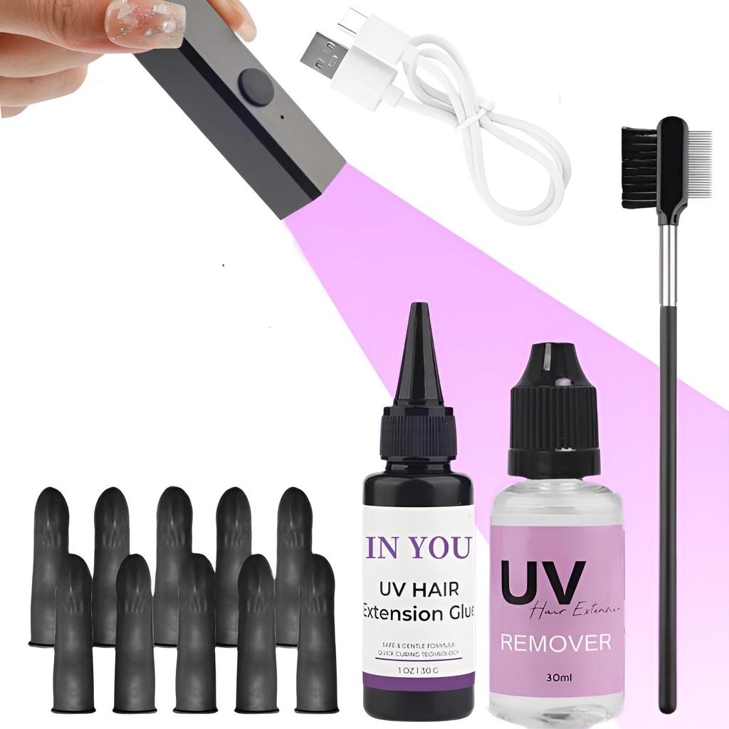 Complete UV Hair Kit: Fast Lamp + Waterproof Glue, Comb & Remover | Salon-Grade Seamless Bonds for Natural Long-Lasting Results