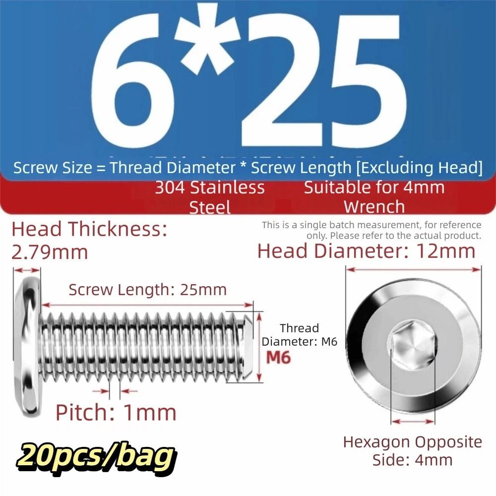 

20pcs/bag 304 Stainless Steel Large Flat Countersunk Hex Socket Bolts Hardware Connection M6*25