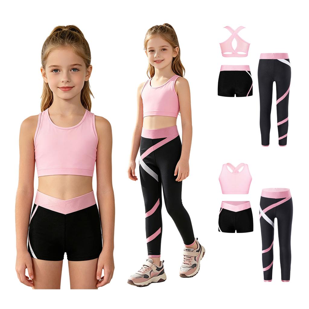 Tuta da ballo per bambini, 3 pezzi, reggiseno sportivo con canotta incrociata, pantaloni da yoga, leggings, pantaloncini da balletto