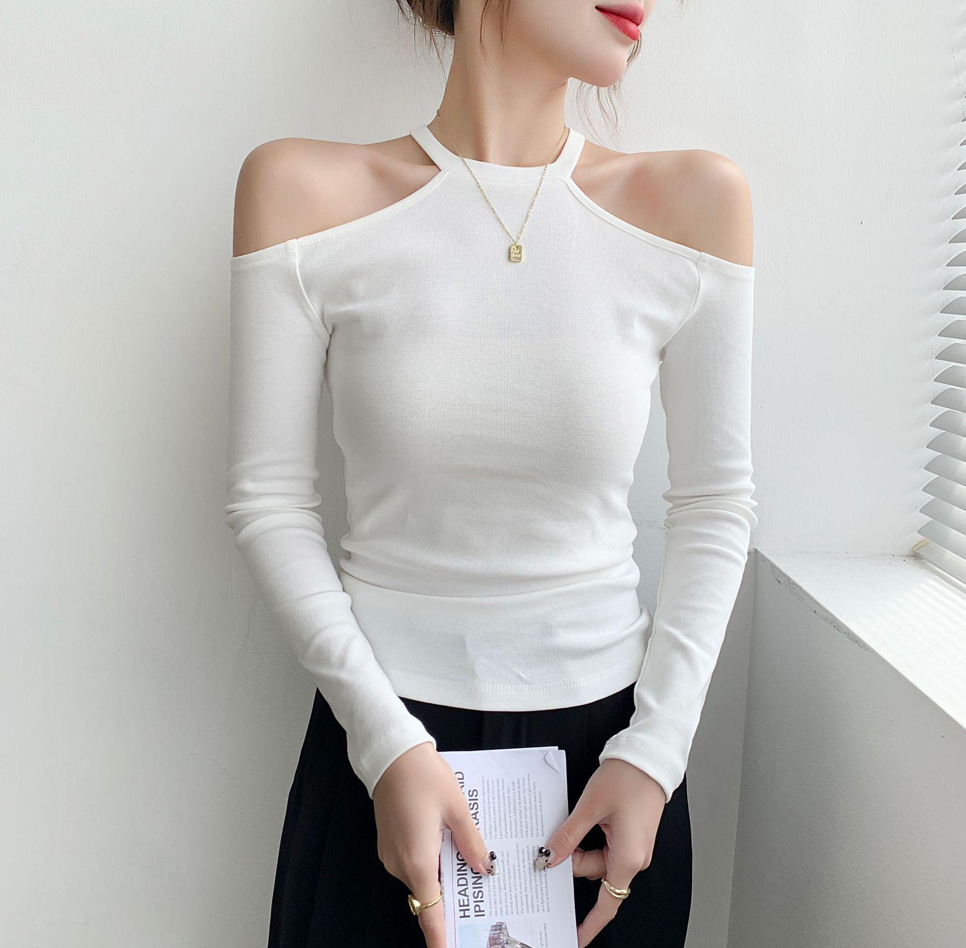 

Autumn/Winter One-Shoulder Halter Slimming Long-Sleeve Women s Shirt L (102-114 lbs recommended) белый