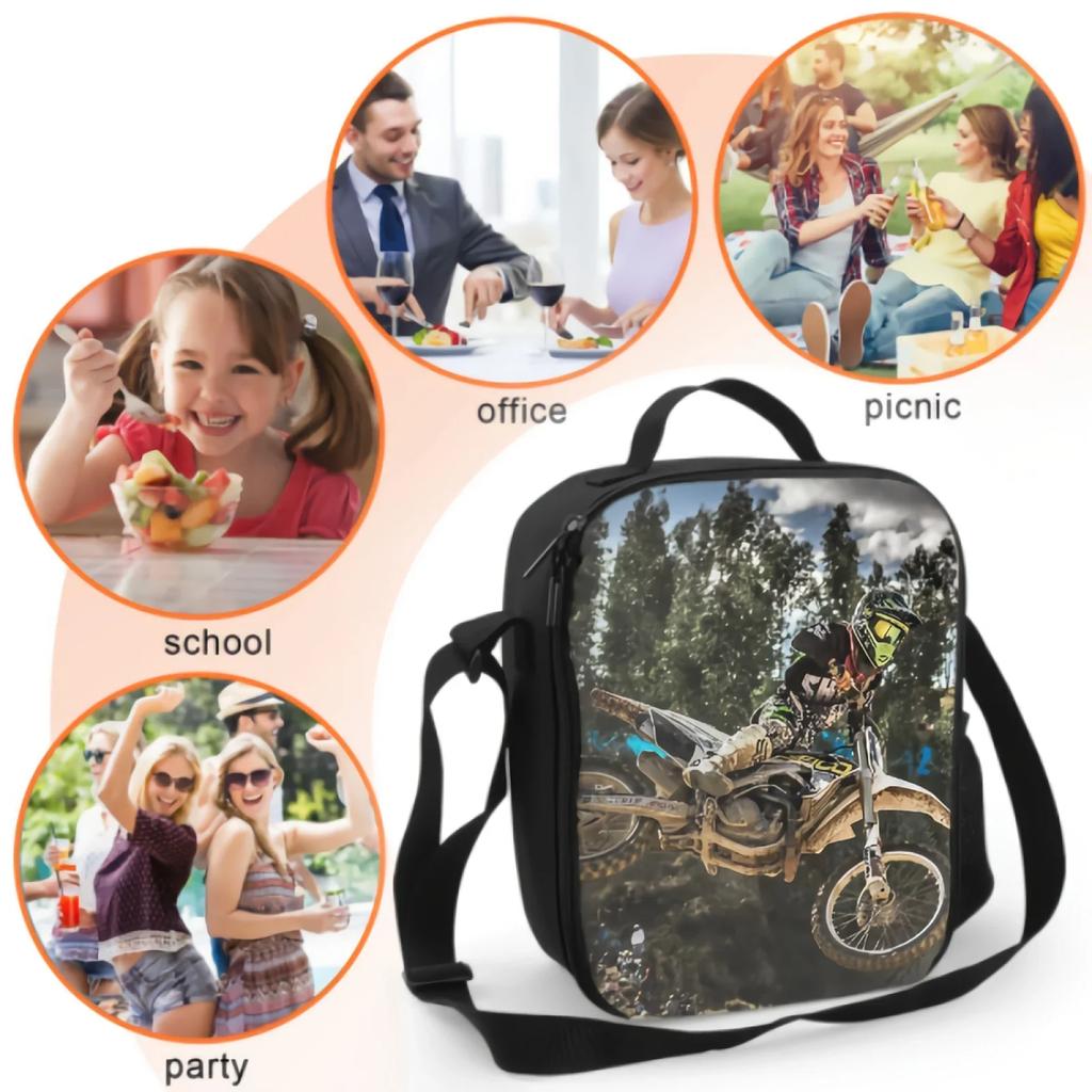 Jumping Motocross Rider Lunch Box Insulated Meal Bag Exciting Motorcycle Race Lunch Bag Food Container for School Travel Picnic