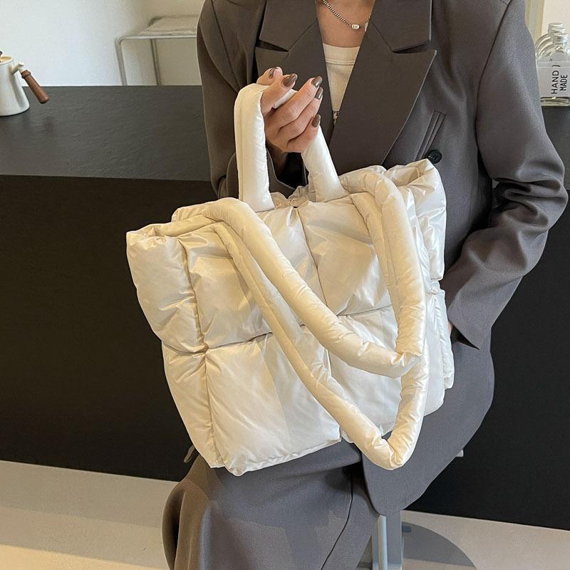 Down Cotton Jacket Handbag, Women's Soft Checkered Cotton Single-shoulder Bag, Fashionable and Simple Tote Bag