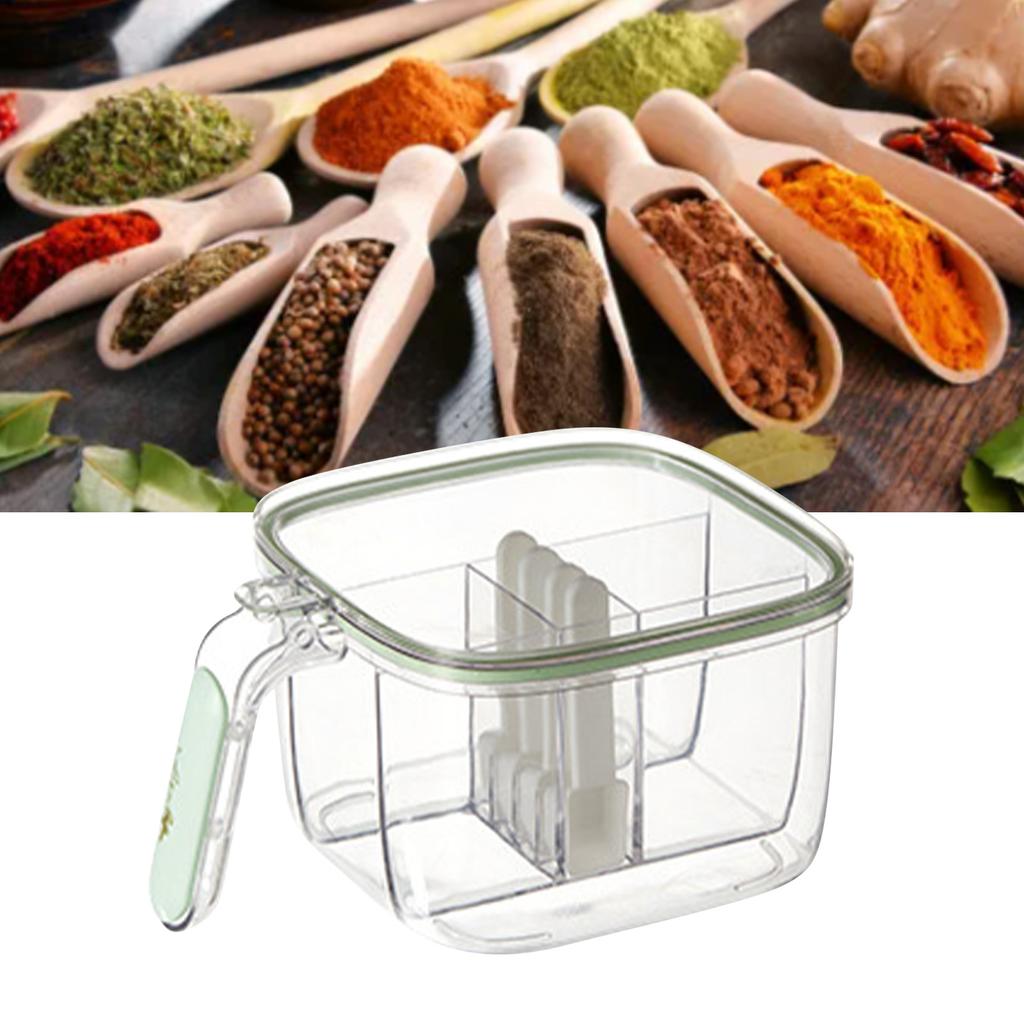 4 In 1 Seasoning Box with Lid and Spoons 4 Compartments Spice Jar Sealed Condiment Container for Home Kitchen Light