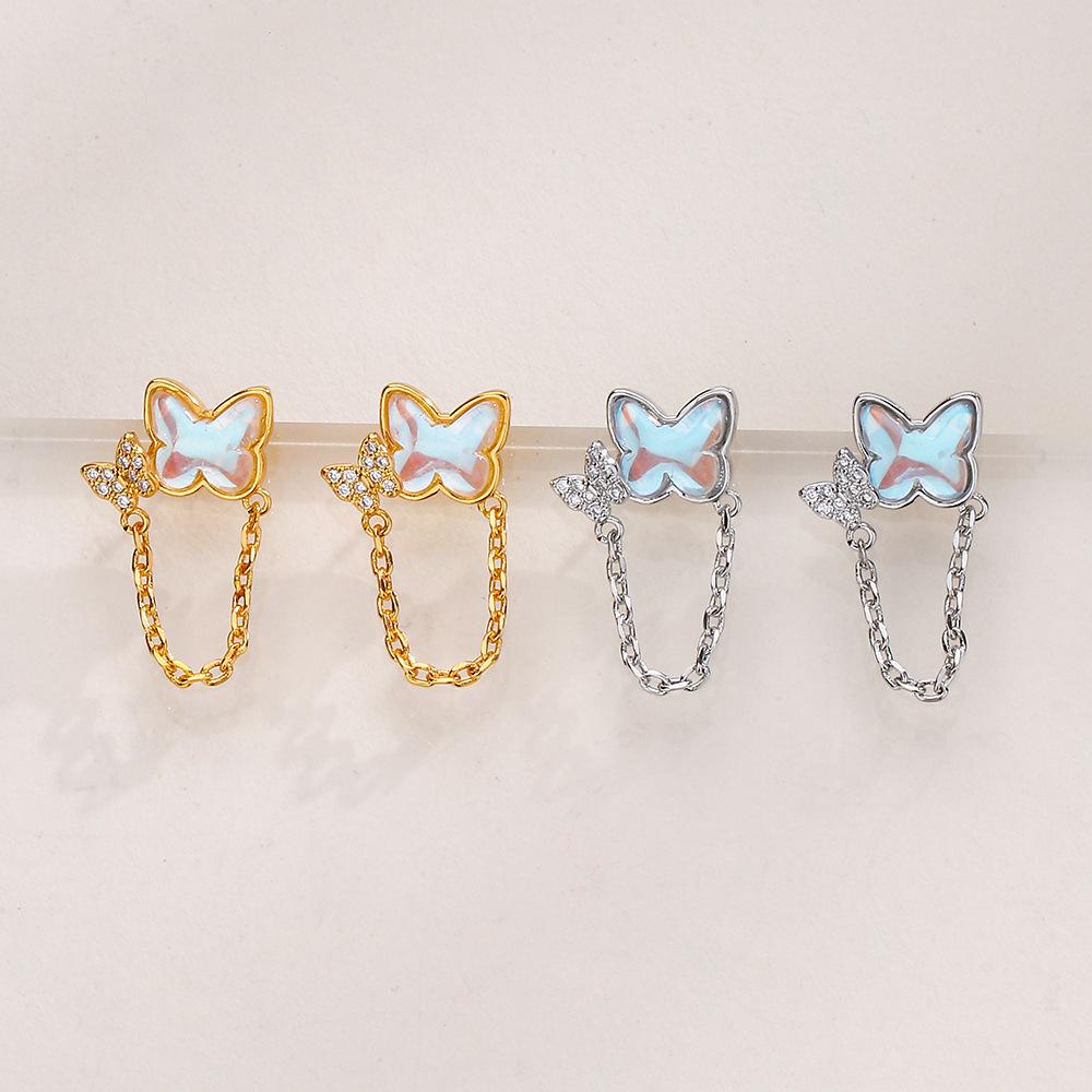 Butterfly Chain Stud Earrings Long Internet Celebrity Exquisite Women'S Flash Diamond Moonstone Earrings