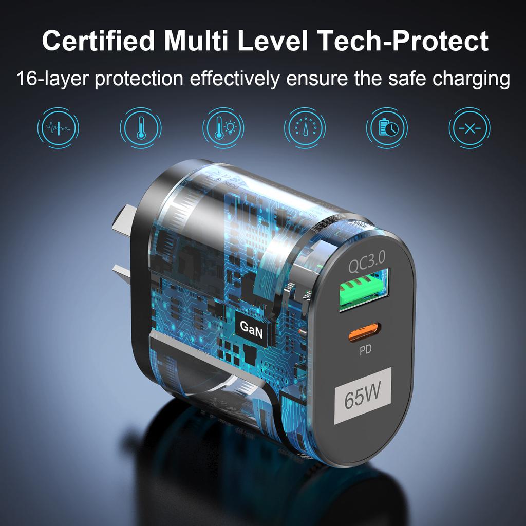 65W GaN USB Charger AU EU US UK Plug Fast Charging Tablet Laptop USB C Quick Charge QC 3.0 Mobile Phone Charger Travel