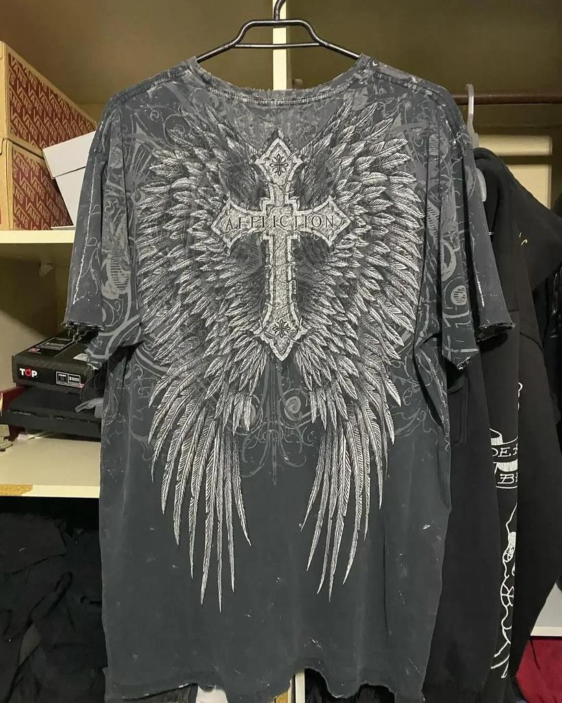 Y2K Style Gothic Affliction Distressed Cotton Shirt Oversized Punk Graphic Print Washed Soft Round Neck Tee Retro Short sleeve