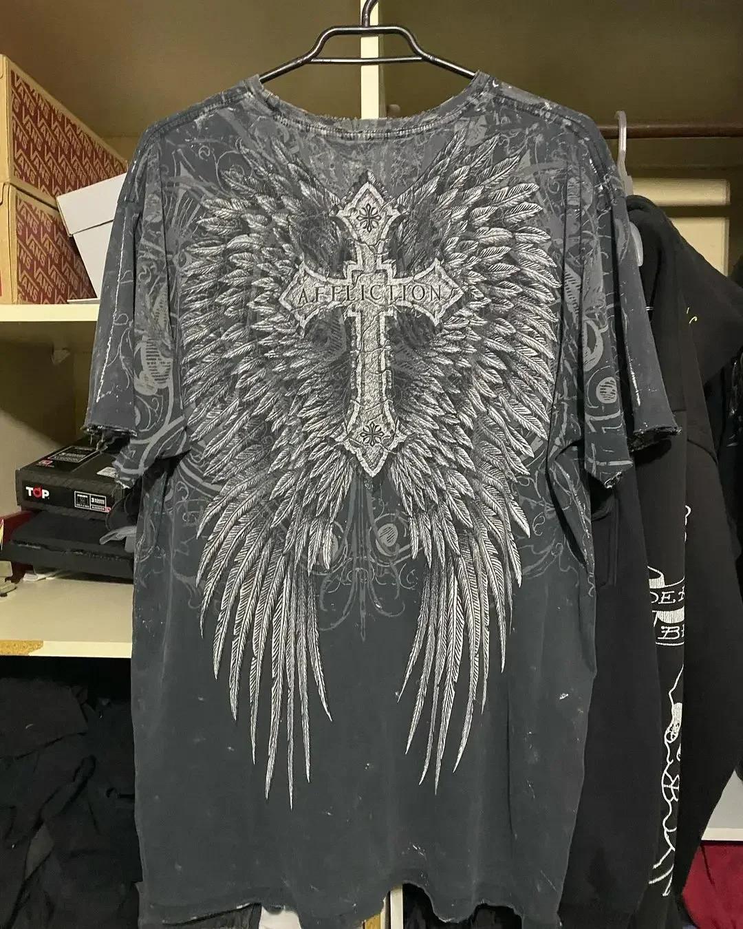 Style Y2K Gothic Affliction Coton Usé Chemise Oversize Punk Impression Graphique Lavée Douce Col Rond T-shirt Retro Manches Courtes L gray
