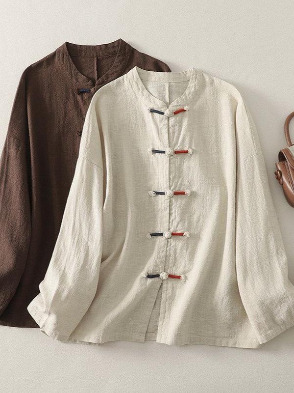 Women's Casual Loose-Fit Cotton Linen Long Sleeve Shirt with Stand Collar & Frog Buttons - New Chinese Style
