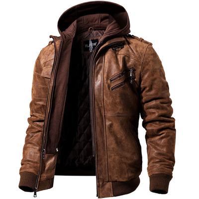 Men's Fall/Winter Double-Decker Trend Locomotive Casual Leather Jacket Hooded Coat Large Size