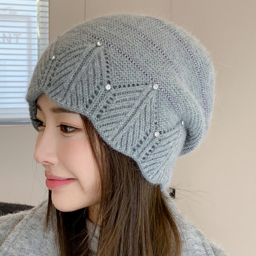 

Роскошные шапки Элегантные кружевные инкрустированные бриллиантами шапки из кроличьей шерсти для женщин Корейские вязаные шапки с ворсом M（56-58cm） серый