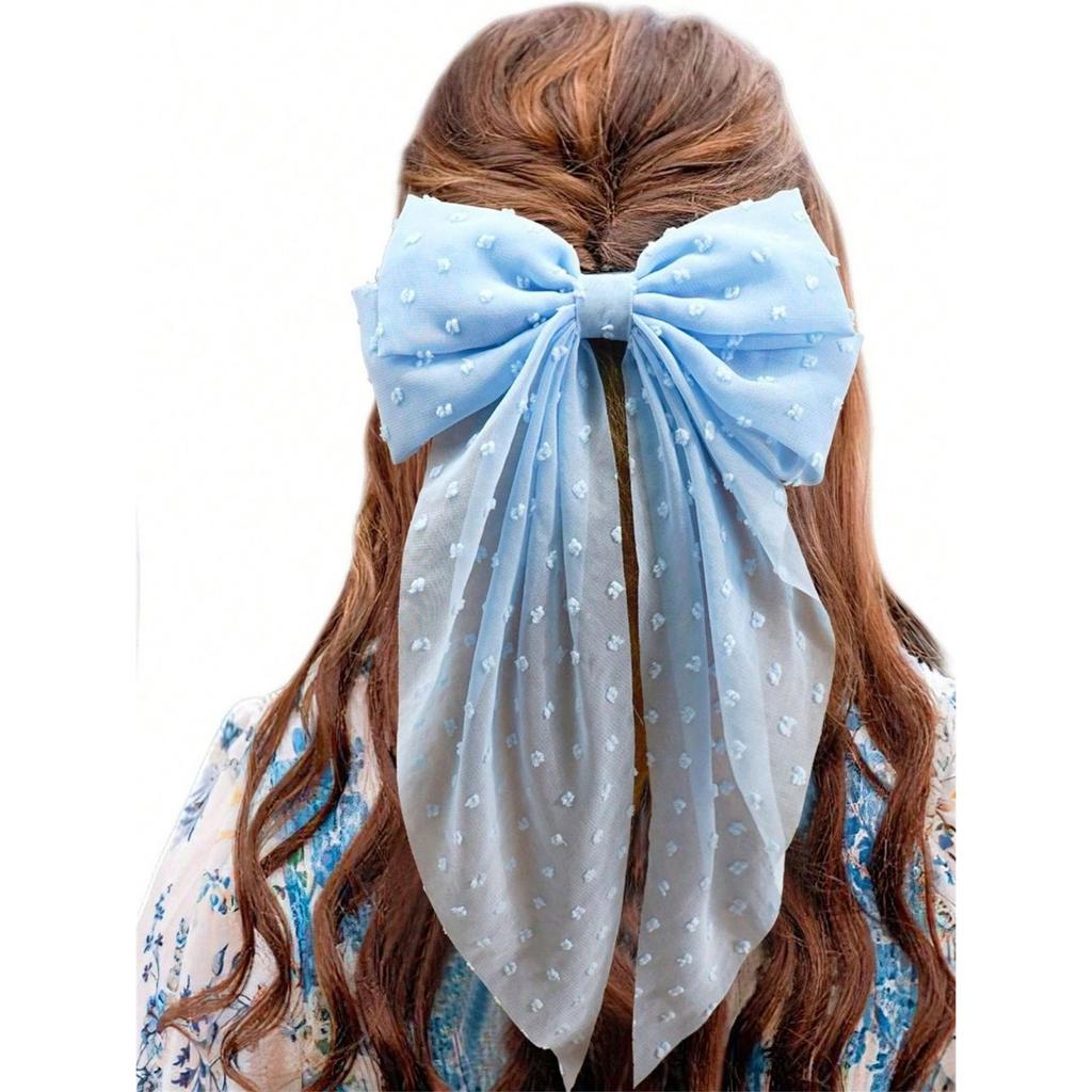 6 Damen Frühling/Sommer einfarbig Chiffon lang gepunkteter Stoff super Fee große Schleife Hinterkopf Haarspange Haarschmuck