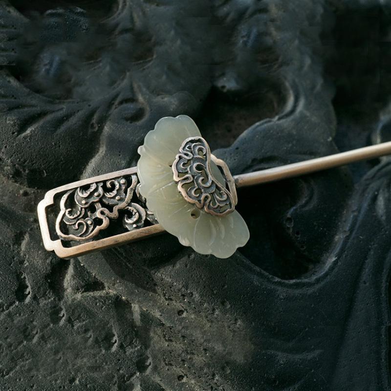 Inlaid Natural Hetian White Jade Hair Jewelry Classic Vintage Ethnic Style Auspicious Cloud Pattern Hanfu Accessory