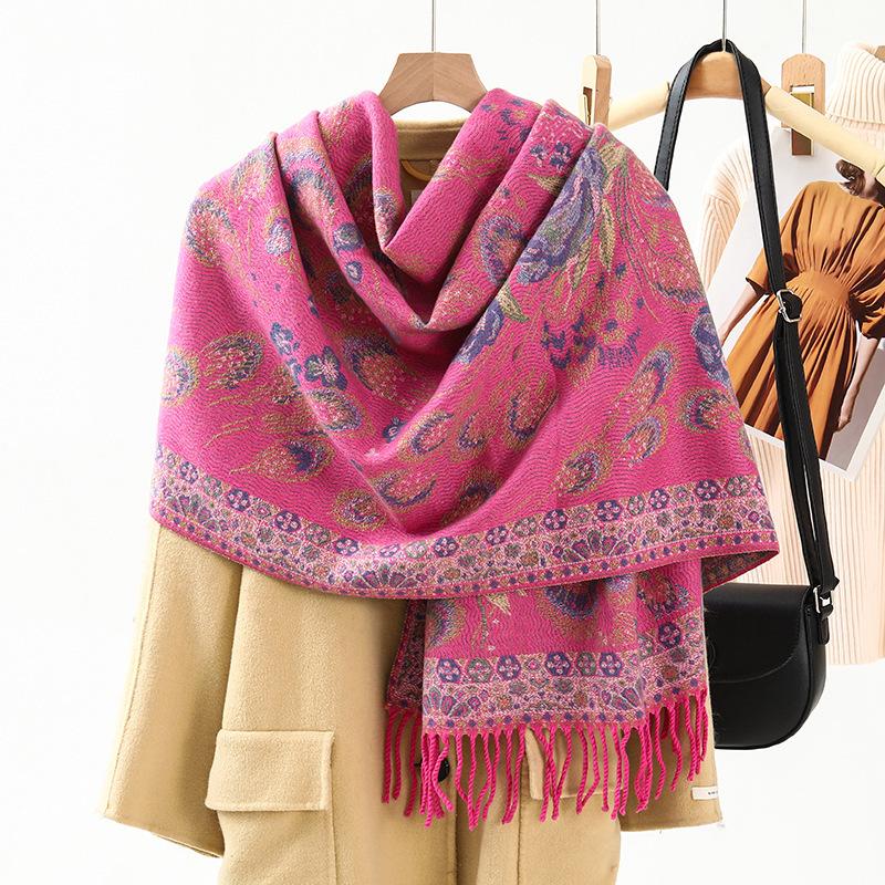Jacquard Scarf Shawl with Decorative Imitation Cashmere Scarf for Women Winter High End New Style Thickened Ethnic Style Shawl