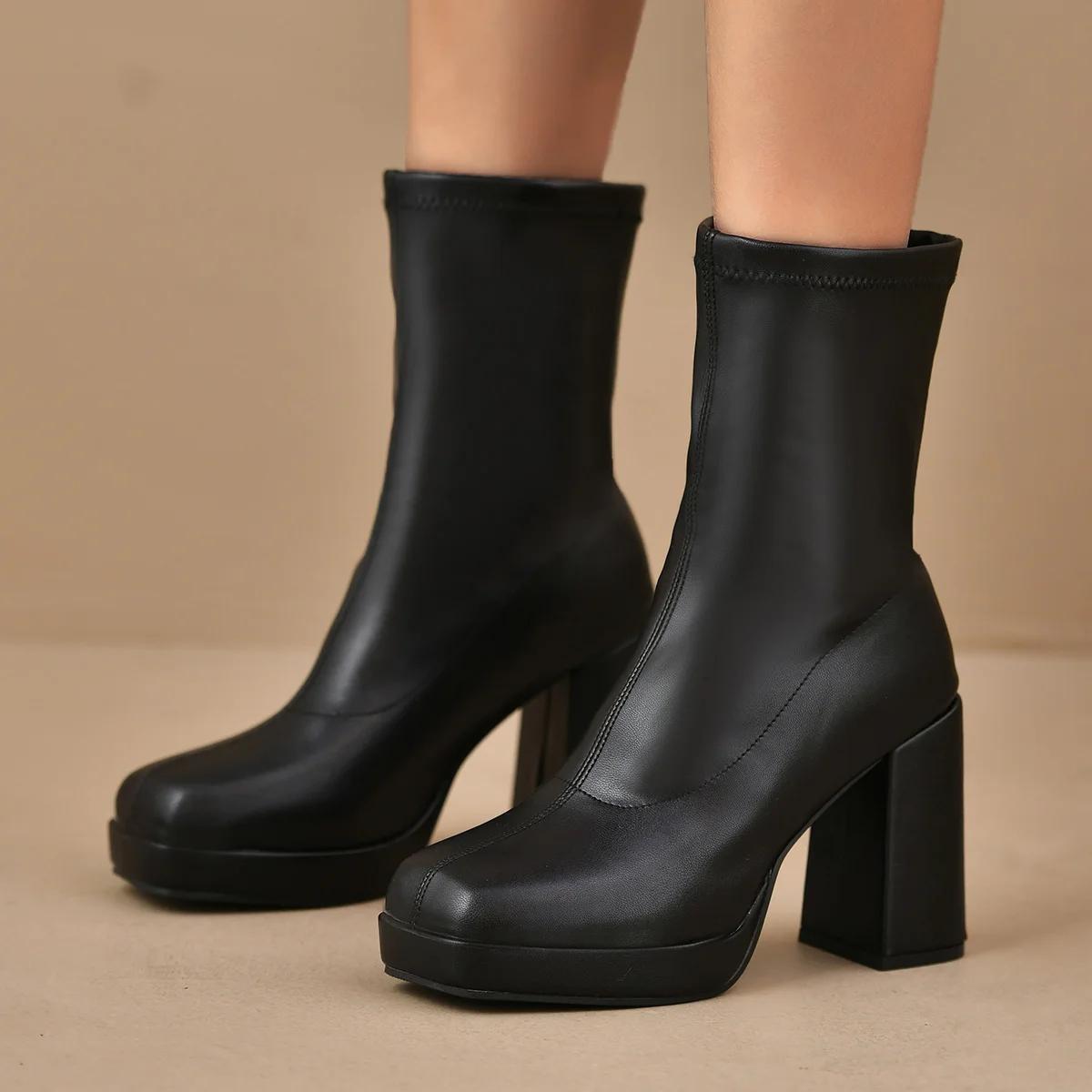 

Fashion Pu Solid Black Mid Calf Boots Women 2025 Sexy Square Toe Super High Heel Chelsea Boots Warm Winter Shoes Plus Size 35 чёрный