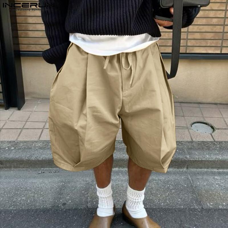 INCERUN Men Drawstring Elastic Waist Casual Loose Wide Legs Half Pants Shorts