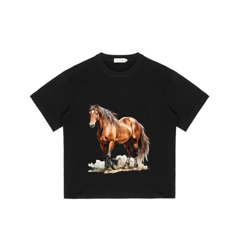Men's Oversized T-Shirt Black Horse Print and Text Casual Wear