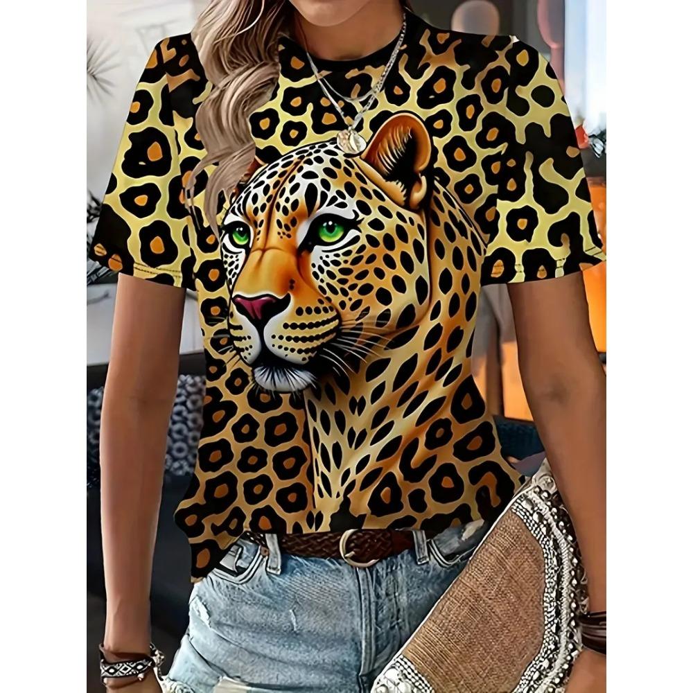 Women's Fashion Trend T-shirt, New Round Neck 3D Animal Print Top for Summer