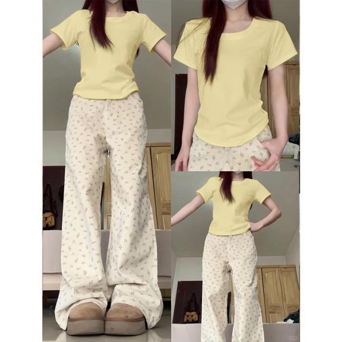 Special design sense niche pure desire round neck slim-fitting short-sleeved T-shirt women's summer new waist and thin top tide