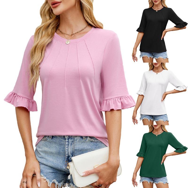 Women's Spring and Summer Solid Color Striped Round Collar Lotus Sleeve Sleeve T-shirt Top