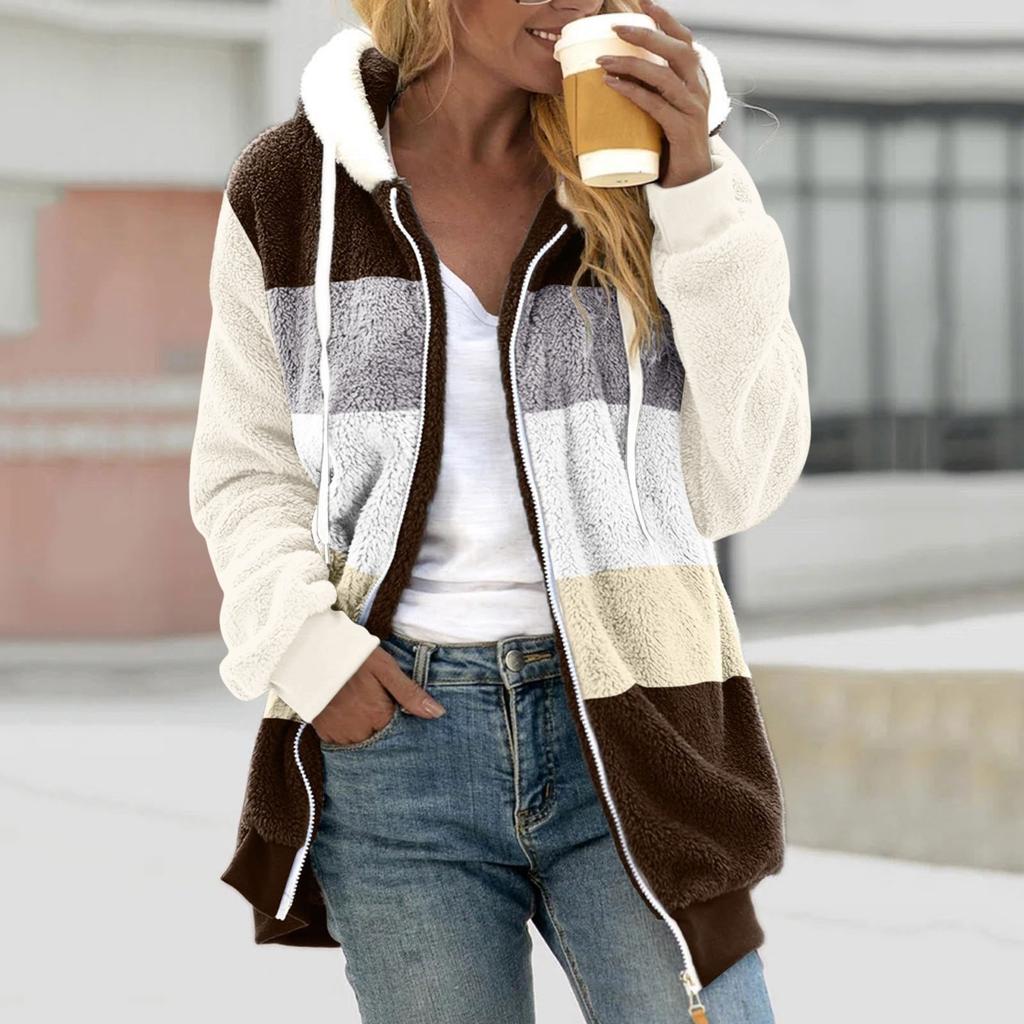 Women's Fashion Stitching Loose Hoodies Long Sleeve Plush Zipper Coat