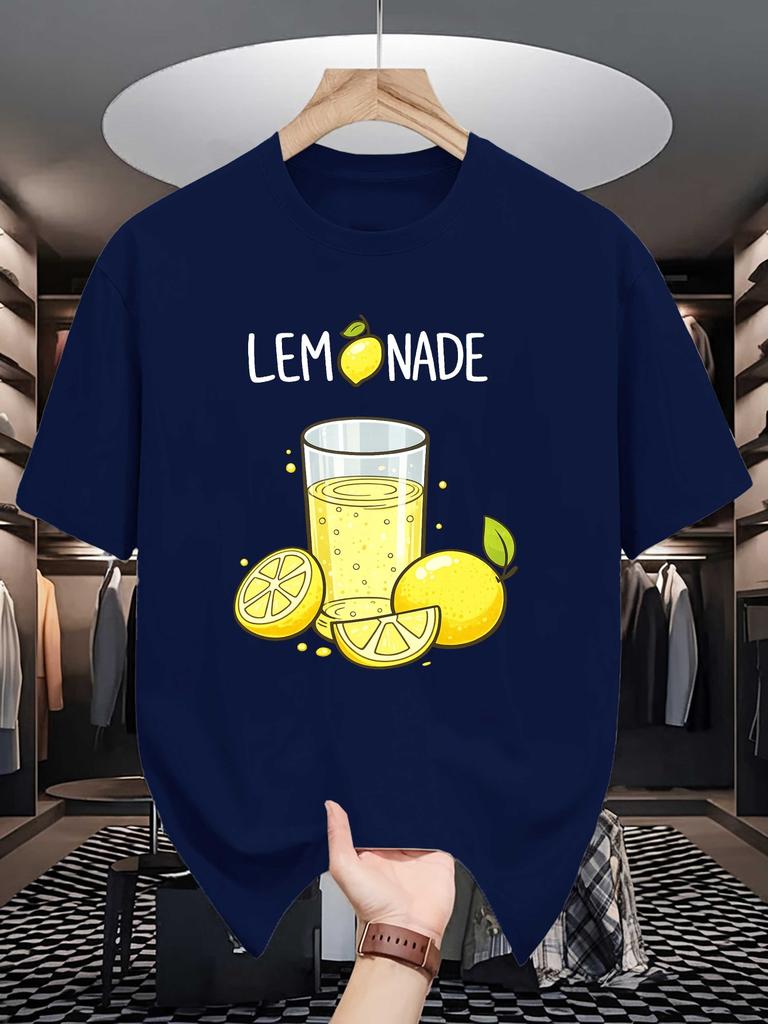 Fresh Lemon Lemonade Cartoon Print Unisexs Crew Neck T Shirt Summer Fruit Drink Graphic Short Sleeve Casual Cotton Daily Tops