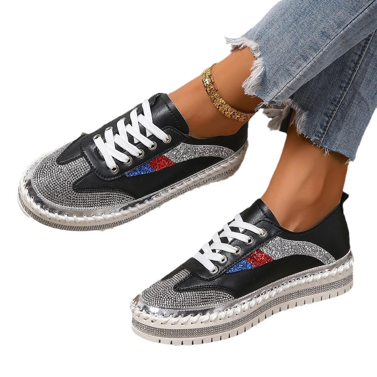 Женские блестящие туфли со стразами Four Seasons Casual Sneakers Женская модная спортивная обувь Lace Up Sneakers Women 35 чёрный 2598₽