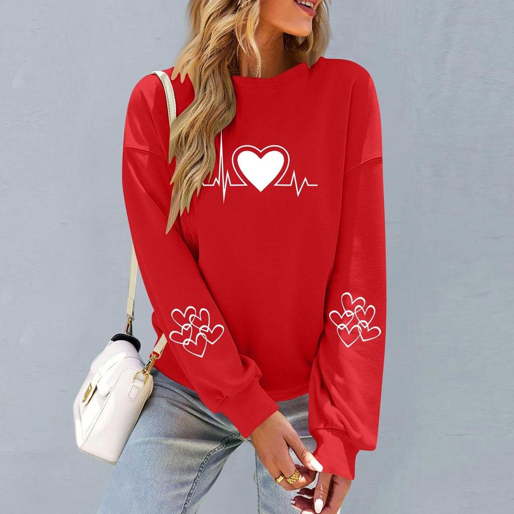 Damen Modisches Lässiges Langärmliges Hals Valentinstag Print Pullover Sweatshirt