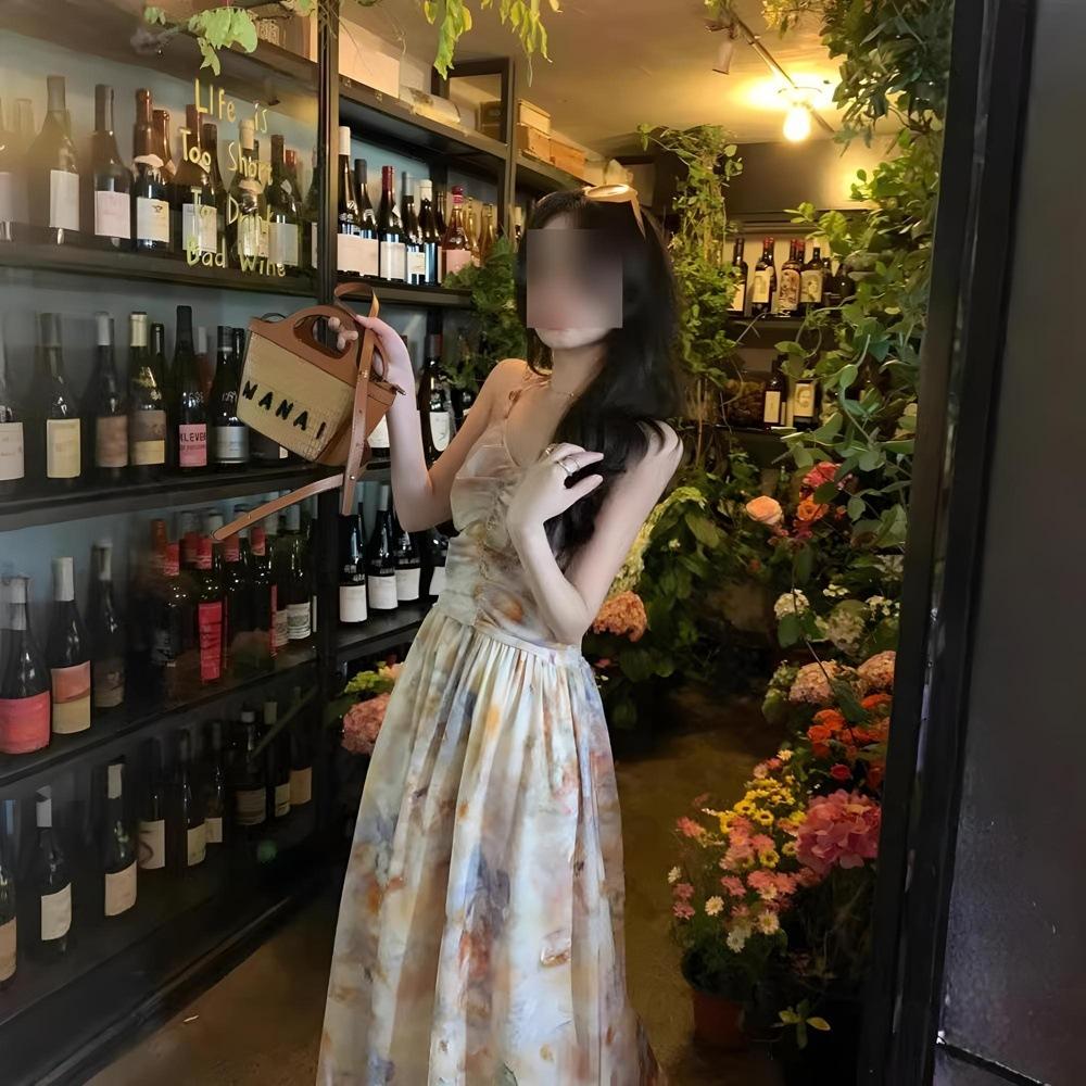 

Принт масляной живописи платье с вырезом на шее женское летнее нишевое приморское отпуск пляжное цветочное платье XL- (recommended 110-60kg)