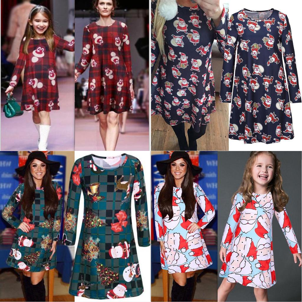 Elegant Girls Children Xmas Mother And Daughter Santa Bow Print Dress For Festive Celebrations