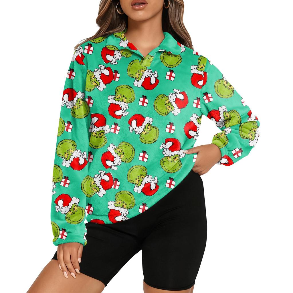 Women's Stand Collar Pullover Long Sleeve Top Christmas Print Sports Top