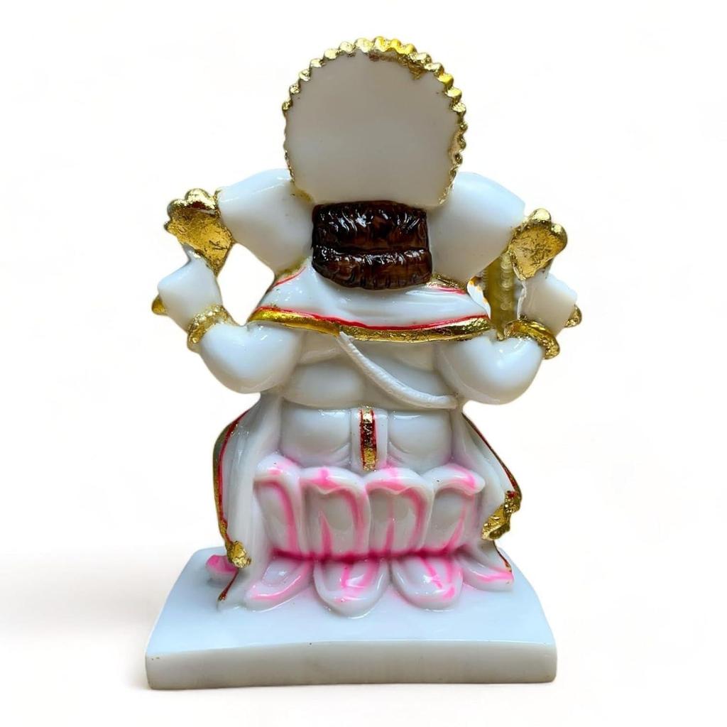 Handmade Marble Dust Lord Ganesha On Lotus 7 Inch for Diwali Flower God Idol Art Figurine for Home Car Dashboard Ganpati Murti Temple Pooja Decorative